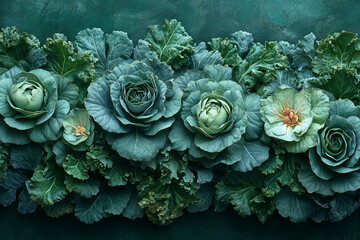 Decorative Arrangement Of Green Cabbages And Kale