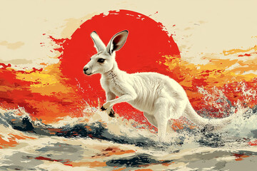 White Kangaroo Leaping Through Sunset Waves