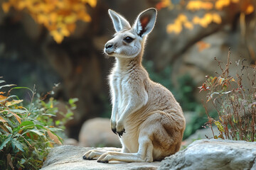A young kangaroo sits on rocks amidst autumn leaves