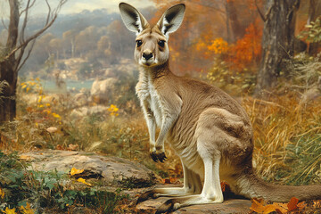 Red Kangaroo Sitting Among Autumn Foliage