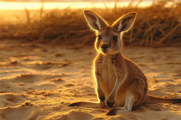 Golden Hour Kangaroo Sitting On Sandy Beach