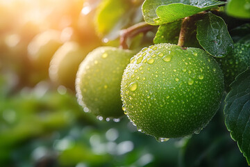 Dew covered green fruits on a branch