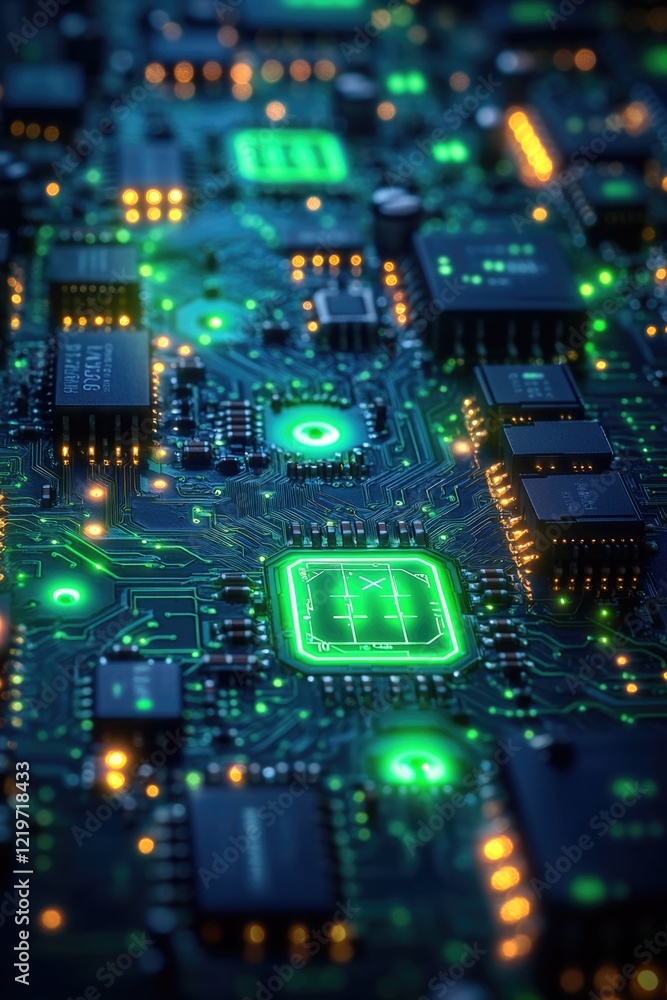 Aufkleber close-up view of a circuit board with green indicator lights, suitable for technology and electronic