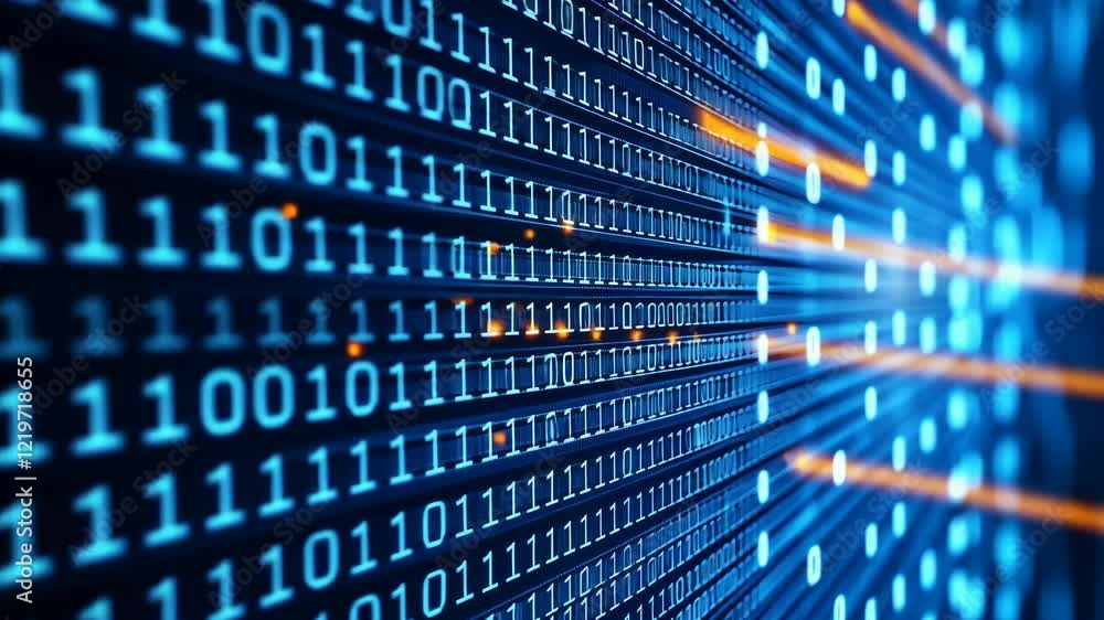 Poster binary code stream flowing across a dark background representing technology and data transfer