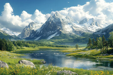 Majestic snow capped mountains overlook a serene alpine lake