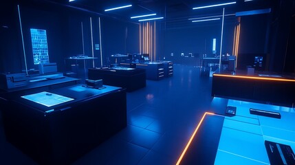 Neon-lit Futuristic Laboratory Interior: A Cyberpunk-Style Tech Showcase