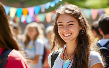 Smiling students with welcome badges, colorful campus flags fluttering in the background at a university orientation day