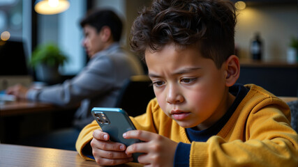 A child looking focused and concerned while using a smartphone – Digital safety concerns, Online bullying awareness, Safer Internet Day