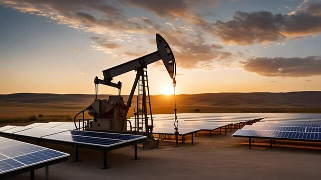 Oil pump jack next to solar panels and wind turbines.