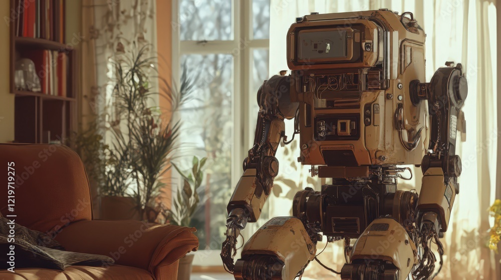 Poster a mechanical robot stands in a well-lit room with a comfortable armchair and a bookshelf