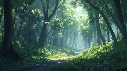 Obraz premium Sunlit Path Through Lush Forest: A Digital Painting