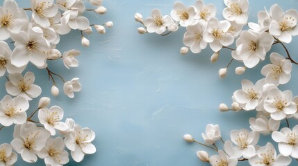 A soft blue background framed by delicate white spring forest flowers.