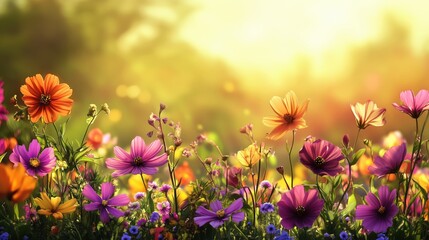 Fototapeta premium Fully bloomed flowers create a striking border, bursting with life and color, perfect for adding a natural touch to any composition.