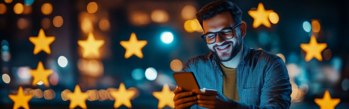 A person leaving a 5-star review on a smartphone. Ideal for use in online reviews, customer satisfaction, and reputation management themes.