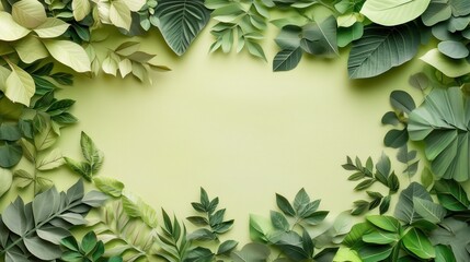 Fototapeta premium Green frame crafted from a variety of leaves in a paper-cut style, creating a vibrant and eco-friendly design border.