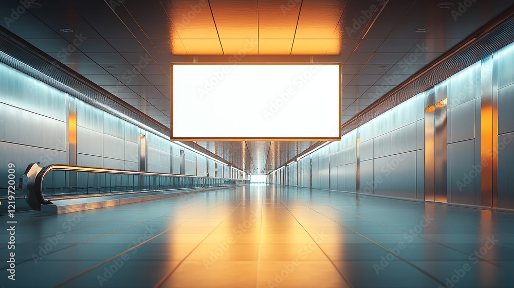 Poster Modern empty corridor with a large illuminated billboard for advertising space