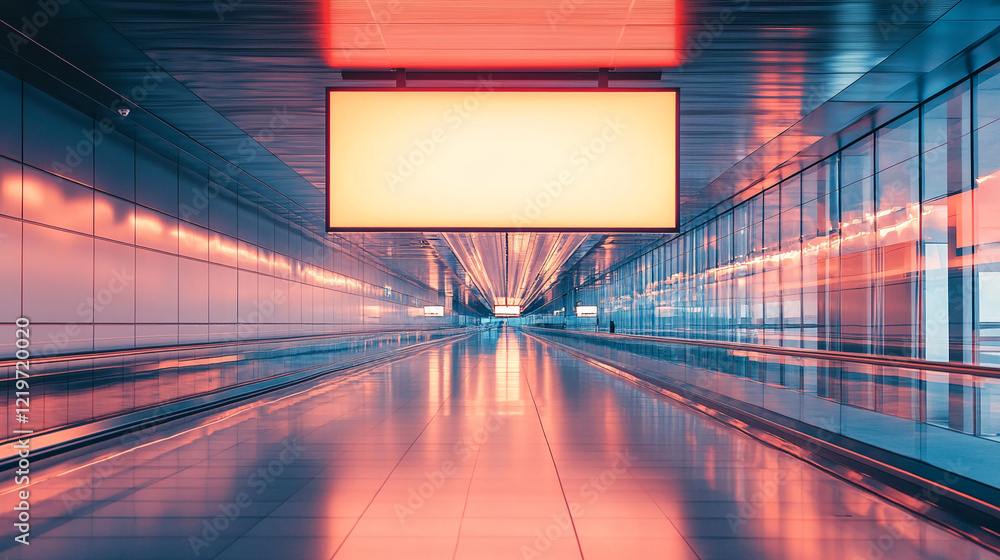 Poster futuristic empty corridor with an illuminated digital billboard for advertising