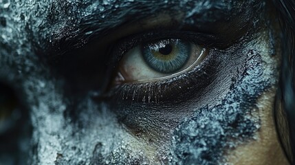 A close-up shot of a person's eye with white paint applied, potentially for artistic or creative purposes