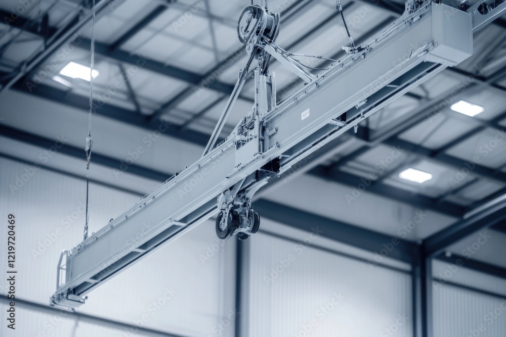 Poster a crane hangs from the ceiling of a building with its hook and wire visible