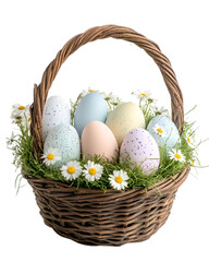 Basket of pastel Easter eggs and daisies  
