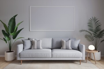 Fototapeta premium Minimalist living room with a grey sofa plants and a framed artwork.
