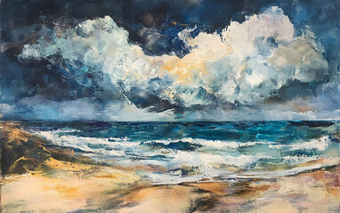 Stormy seas under dark, ominous clouds, a powerful depiction of naturea??s intensity and unpredictability