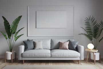 Minimalist living room with a grey sofa  plants  and a white lamp.