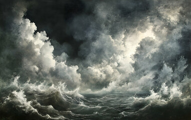 Stormy seas under dark, ominous clouds, a powerful depiction of naturea??s intensity and unpredictability