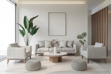 A minimalist living room with a sofa  two armchairs  and a coffee table.