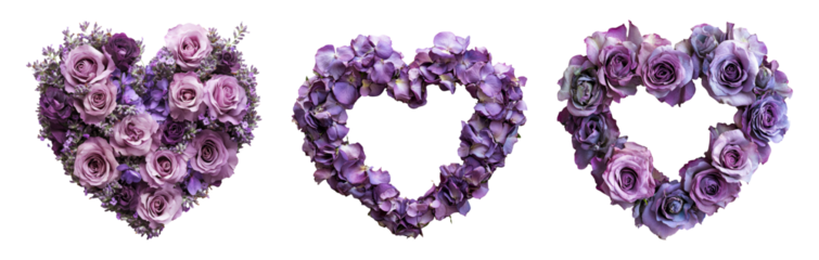 Collection of three purple floral heart shapes isolated on a transparent background