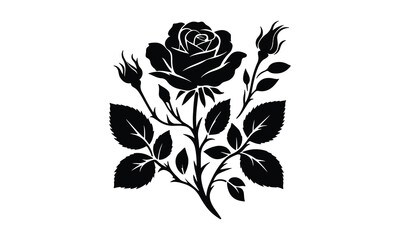 Roses tattoo. Black roses vector design. Black silhouette of rose, Valentines day silhouette of rose element set. Romantic silhouette of rose