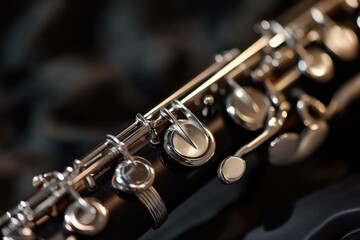 Obraz premium A close-up shot of a silver flute against a black background