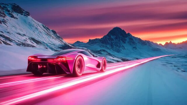 Futuristic electric car moving along a winter highway among mountains and snow-capped hills. Transport technologies of the future. Innovative technologies. Autonomous control.	