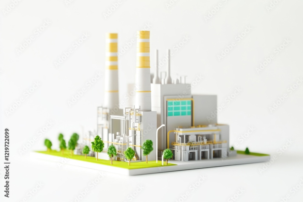 Poster a paper model of a factory surrounded by trees and bushes