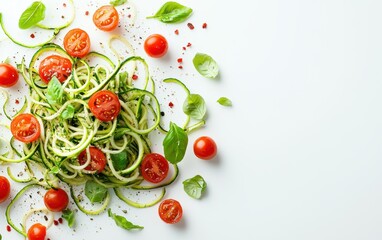 Floating zucchini noodles with basil pesto and cherry tomatoes, light and fresh, bright white background