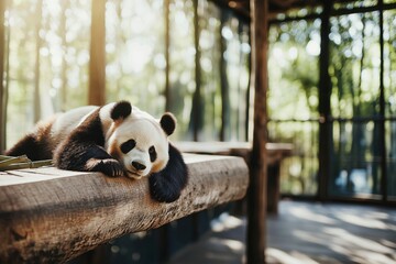 Giant panda relaxing on a wooden stump while enjoying bamboo at National Zoo