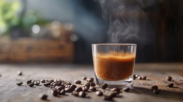 Espresso Coffee with Steam and Coffee Beans