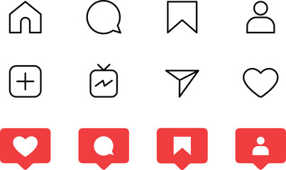 Instagram collection set icons. social media icon like, comment, follower, icons, instagram ui app interface icon set. home, search, reel, shop, profile, share, save.