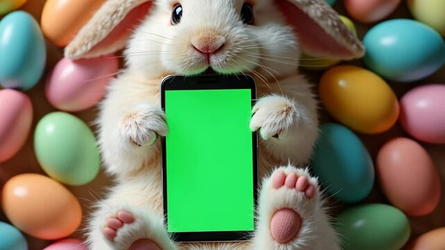 Easter bunny portrait holding chroma key phone in paws with eggs, phone with green screen. vertical mock up for advertising, Rabbit using showing smartphone, online shopping, care, pet goods