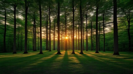 Fototapeta premium Sunset Illuminates Tall Trees In A Lush Green Forest