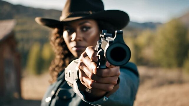 African American Cowboy woman with a revolver in the wild west.