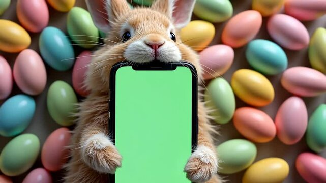 Easter bunny portrait holding chroma key phone in paws with eggs, phone with green screen. vertical mock up for advertising, Rabbit using showing smartphone, online shopping, care, pet goods