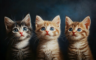 Three curious kittens with bright eyes and delicate whiskers, captured against a dramatic dark backdrop