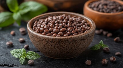 Spice Bowl with Fresh Mint Leaves on Rustic Surface