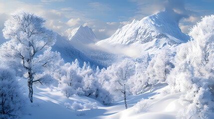 Obraz premium Trees and mountains covered with snow make for a winter wonderland. Winter Woods. Illustration