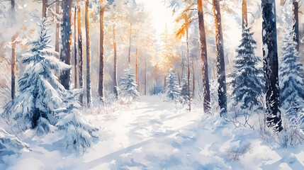 Fototapeta premium Winter spruce forest with the snow-covered spruces hand drawn in watercolor isolated on a white background. watercolor winter illustration. winter landscape. Winter Woods. Illustration