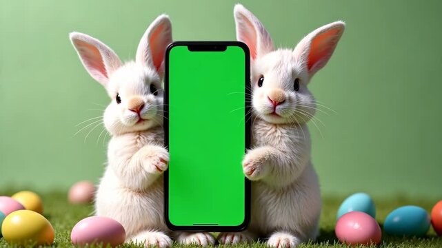 Easter bunny portrait holding chroma key phone in paws with eggs, phone with green screen. vertical mock up for advertising, Rabbit using showing smartphone, online shopping, care, pet goods