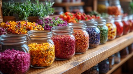 Jars of Spices and Herbs in Rustic Pantry