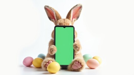 Easter bunny portrait holding chroma key phone in paws with eggs, phone with green screen. vertical mock up for advertising, Rabbit using showing smartphone, online shopping, care, pet goods