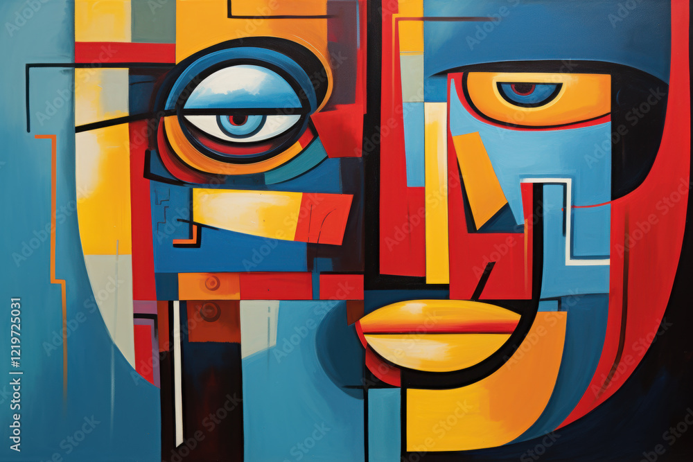 Aufkleber an abstract multicolored robot face in a cubist style, featuring fragmented geometric shapes in bold